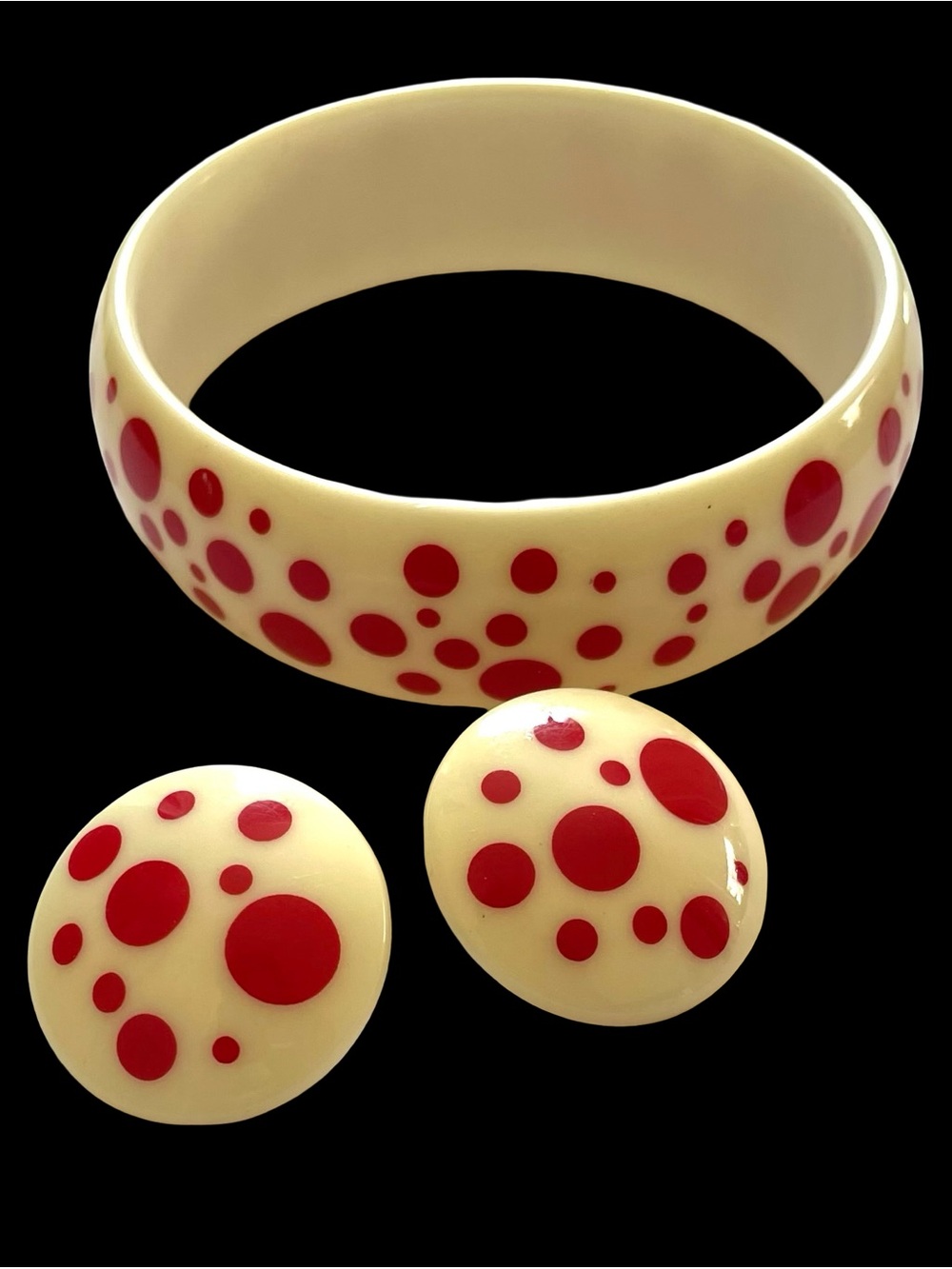 Vintage 1980s Avon Red Polka Dot Acrylic Lucite Bangle And Post Earrings